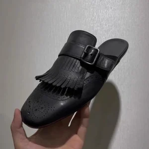 Women’s Retro Closed Toe Mules Spring New British Style Fringe Carved Flat Slip on Loafers