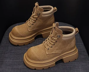 Women’s Retro Combatss Boots PU Upper Waterproof Anti-Slip Chunky Sole Ankle Boots European Style Mid-Calf Work Boots 5cm