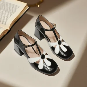 Women’s Retro Genuine Leather Lace up Square Toe T Strap Heel Pumps For Summer Autumn Color Matching Mary Jane Fashion Trend