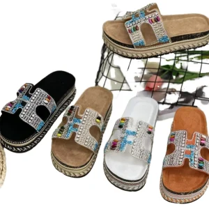 Women’s Retro Hot Drill Sandals Fashionable Thick Bottomed Summer Shoes Double Buckle Straps Massage Arch Support Large Sizes