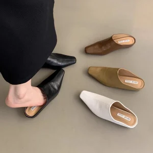 Women’s Retro Korean Style Thick Soled Closed Toe Rubber Outsole Slip On Mule