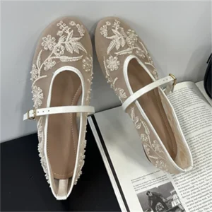 Women’s Retro Lace Floral Embroidery Summer Flats Large Size 43 Spring Fashionable Hollow Mesh Flat Shoes