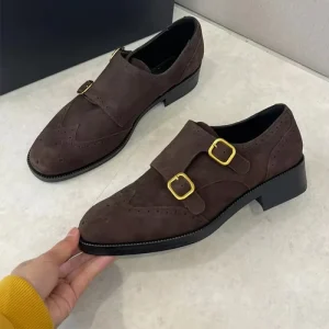 Women’s Retro Low Heel Loafers Spring Winter Anti-Slip Breathable Frosted Cowhide Sheepskin Lining Carved Double Buckle Ballet