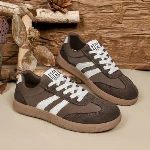 Women’s Retro PU Leather Sneakers with Classic Stripe Design & Lace-up Closure, Gum Rubber Sole