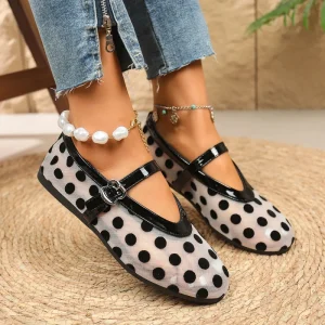 Women’s Retro Polka Dot Mesh Mary Jane Flats Ankle Strap Casual Summer Shoes Trendy