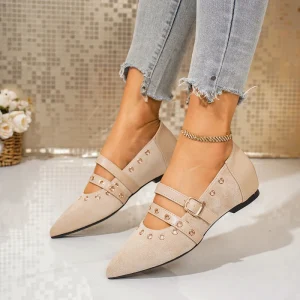 Women’s Retro Rivet Flat Shoes Slip On Closure Women’s Suede Pointed Toe Flats with Buckle Strap Eyelet Detail Casual Shoes