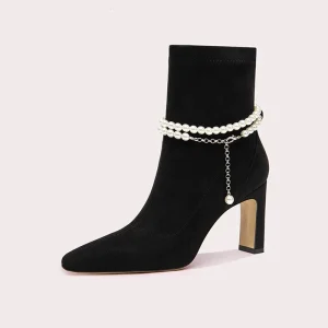 Women’s Retro Style Boots Chunky Heel Pearl Chain Thick Rubber Sole Waterproof Square Toe Walk Short Style