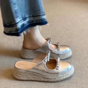 Women’s Retro Style Half Heeled Platform Sandals with Bow Top Stretch Fabric Thick Rubber Sole for Spring Summer Autumn