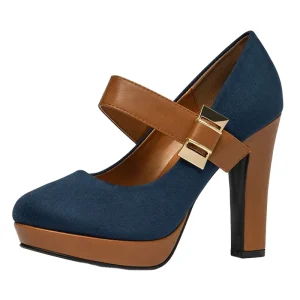 Women’s Retro Style PU Block Heel Pumps Lace-Up Closure Square Heel Buckle Height Increasing