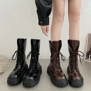 Women’s Retro Thick Heeled Motorcycle Short Boots Black Lace Up English Light Western Snow Boot