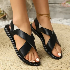Women’s Retro Wide Band Open Toe Beach Sandal Foreign Trade Plus Size New Style Cross Strap Flat Platform Sandal