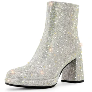 Women’s Rhinestone Boots Chunky Block Heeled Sparkly Platform Ankle Booties Glitter Shoes Wedding Bride