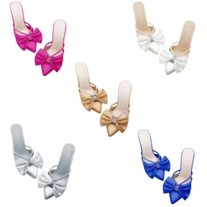 Women’s Rhinestone Bow Heeled Mules Backless High Heel Wedding Shoes for Summer Party and Dress Wear