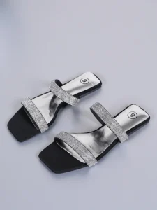 Women’s Rhinestone Decor Flat Sandals Square Toe Two Band Slip On Slippers Summer Beach and Daily Slides