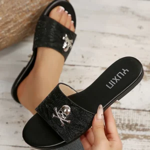 Women’s Rhinestone Embellished Breathable Casual Flat Sandals PU Material Elastic Sliders Fashion Trend Summer Black Gray Brown