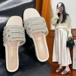 Women’s Rhinestone Flat Sandals Fashion Multi Strap Slip on Slippers Summer Outdoor Beach Slides Women Slipper Shoes