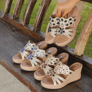 Womens Rhinestone Floral Wedge Slide Sandals Open Toe Platform Slippers for Summer