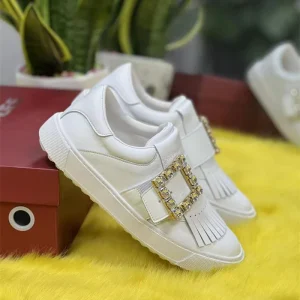 Women’s Rhinestone Fringe Casual Sneakers Chunky Flat Bottom Lace Shoes Low Top Square Buckle Closed Slip-On Spring