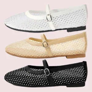Women’s Rhinestone Mesh Mary Jane Flats Round Toe Buckle Strap Comfortable Casual Shoes Shiny Party Dress Shoes