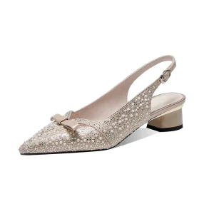 Women’s Rhinestone Pearl Slingback Pumps Pointed Toe Low Heel Anti Slip Club Light Weight Slip On Dress Shoes