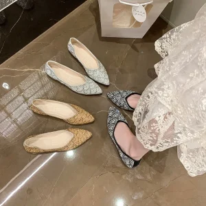 Women’s Rhinestone Pointed Toe Flats, Sparkly Slip-On Wedding Bridal Shoes, Comfortable Casual Dress Flats for Party Evening