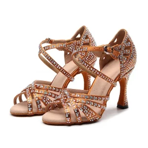 Women’s Rhinestone Satin Latin Dance Shoes Suede Sole 9CM High Heel Sandals for Salsa Tango Ballroom Dancing