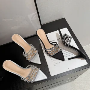 Women’s Rhinestone Silk Satin Slip-On High Heel Slippers Thin Heel 8.5cm Pointed Toe Open Toe Rubber Outsole Sandals