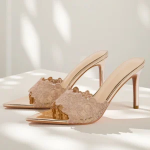 Women’s Rhinestone Slip-On High Heel Slippers Pointed Thin Heel Fashionable European American Style Light