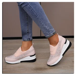 Women’s Rhinestone Wedge Sneakers Slip on Breathable Mesh Thick Sole Casual Walking Shoes