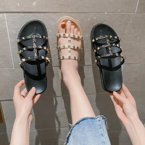 Women’s Roman Sandals Slip On Open Toe Summer Thick Soled Soft Bottomed Genuine Leather Upper Rubber Outsole Large Size Shoes