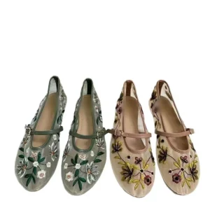 Women’s Round Head Mesh Sand Flowers Embroidered Mesh Cloth Ballet Flat Original Label Flats Sandals Slip On