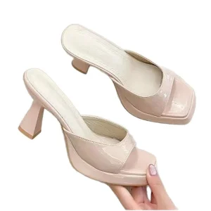 Women’s Round Head Patent PU Heeled Mules Nude White Block Heel Comfortable Slide Sandals Elegant Summer Party Shoes