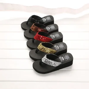 Women’s Round Head Slope Platform Flip Flops Thick Bottom Beach Slippers with Shiny Glitter Decoration Light