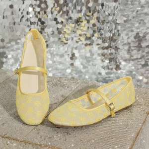 Women’s Round Toe Ballet Flats Lace Flower Design Adjustable Strap Fashion Trend Casual Shoes