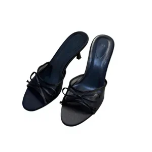 Women’s Round Toe Black Bow decorated Mesh Fabric High heeled Back open Sandals Rubber Outsole