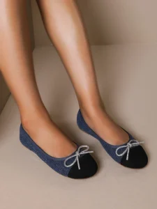Women’s Round Toe Denim Ballet Flats with Bling Bow Lightweight Comfort Slip On Shoes