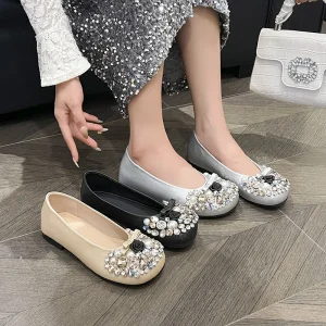 Women’s Round Toe Rhinestone Pearl Bow Ballet Flats Soft Sole Wedding Party Daily Wear