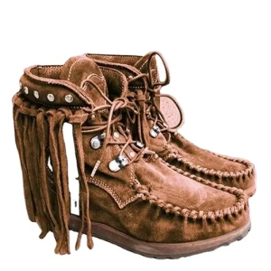 Women’s Round Toe Suede Ethnic Leather Boots Tassel Fashion Boots Thick Wear Resistant Ankle Boots Low