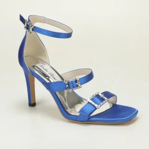Women’s Royal Blue Satin 3 Crystal Buckle Ankle Strap Sandals Square Open Toe Stiletto Heel Cocktail Party Formal Dress Shoes