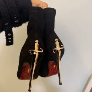 Women’s Royal Lady Style Gold Dagger Scepter Short High Boots Solid Color Warm Red Sole High Heel Sleeve Closure