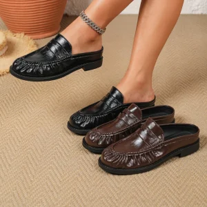 Women’s Ruched Patent Leather Loafer Mules Backless Slip On Flat Shoes Casual Round Toe Half Slippers for Women