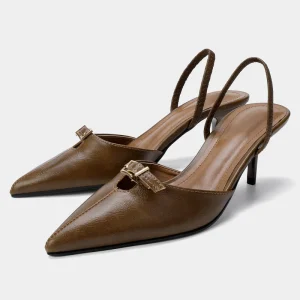 Women’s Sandals Autumn Retro Distressed Buckle Decoration Back Strap Thin High Heel Shallow Mouth Mules Pointed Toe
