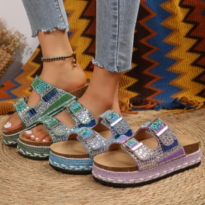 Women’s Sandals New Style Fashion Flat Bottom Double Tie Water Resistant Buckle Rhinestone Height Increasing Cork Beach Summer