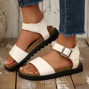 Women’s Sandals Summer Fashion Leather Open Platform Buckle Sandals Lightweight Breathable Anti-Slippery Sandals