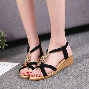 Women’s Sandals Summer New Korean Style Open Toe Beaded Women’s Sandals Bohemian Wedge Peep Toe Casual