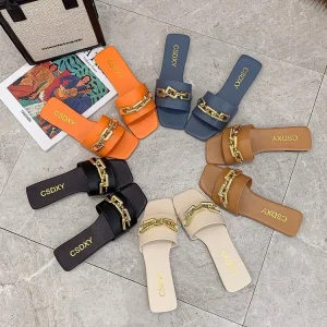Women’s Sandals and Slippers Summer One-Line Metal Chain Outerwear Fashion Ladies Shoes 41-42