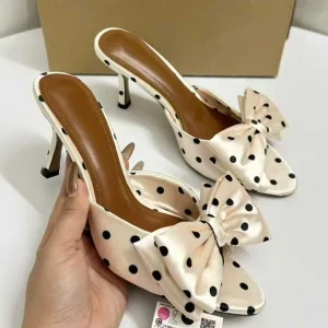 Women’s Satin Bowknot Polka Dot Elegant Fashion Women Stiletto Heel Slide Sandals High Heel Mules