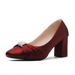 Women’s Satin Bridal Pumps Square Heel (7cm) Pointed Toe Dress Slip-On Insole Anti-Slippery