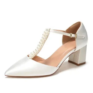 Women’s Satin Pointed Toe Square Heel Evening Sandals with Double Pearl Adjustable T-Strap Bridal Party Wedding Pumps