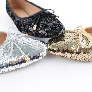 Women’s Sequin Bow Round Toe Ballet Flats Sparkling Slip On Shoes